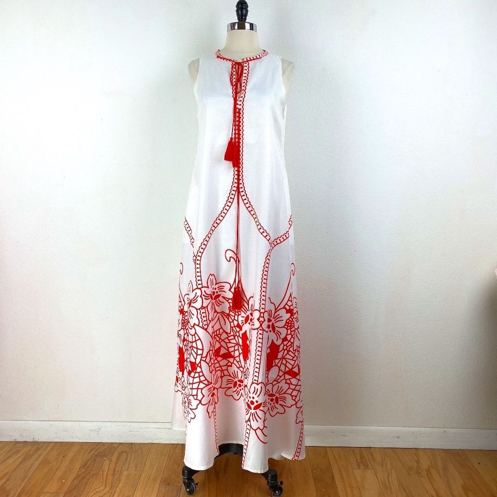 White Maxi Red Bold Floral Print Lounge Resort Dress Sleeveless Flared Sz Small